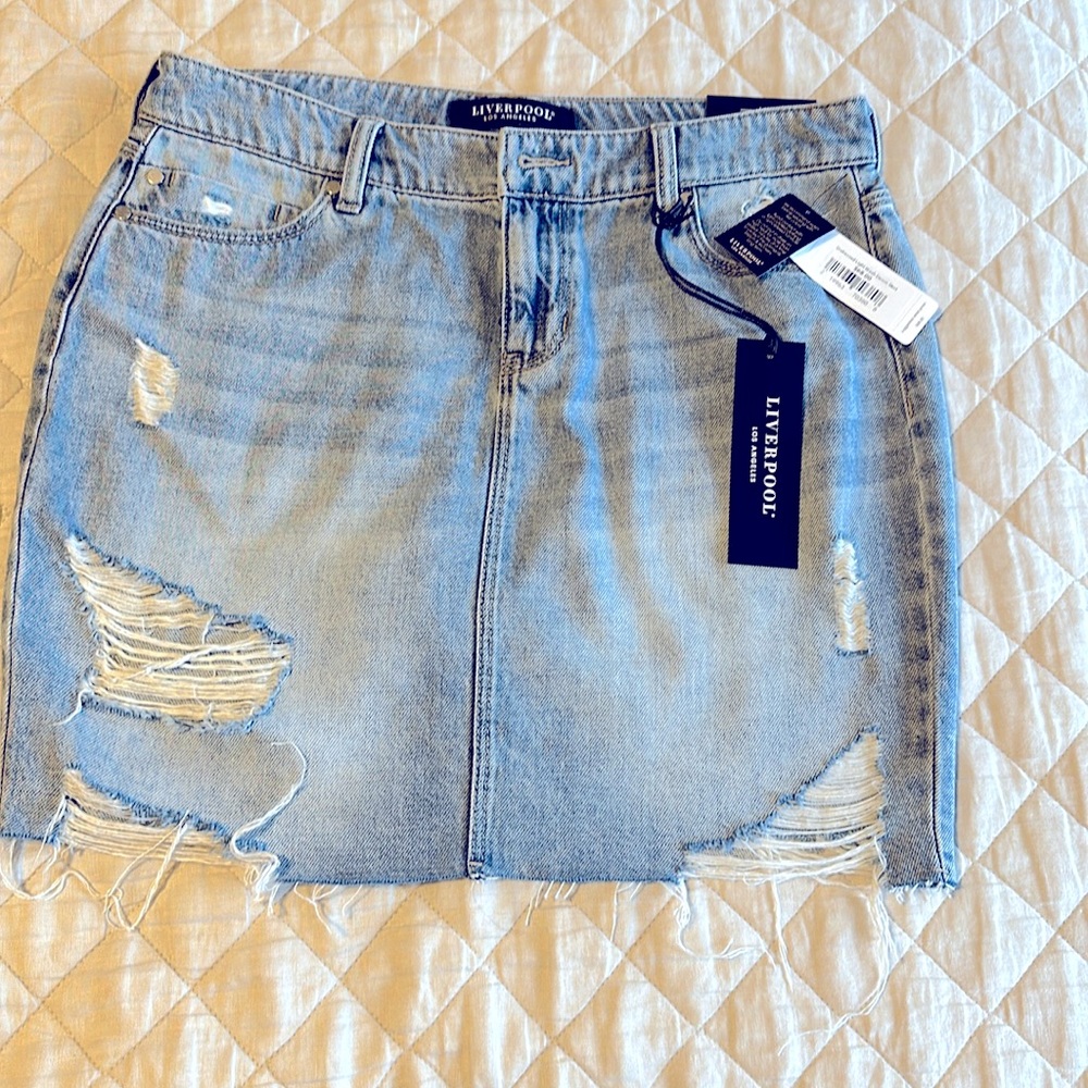Trendy distressed denim skirt